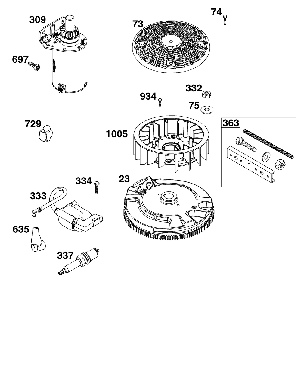 Flywheel, Ignition, And Starter Group Diagram and Parts List for 40R677-0007-B5 400000 - 699999 Briggs and Stratton Engine